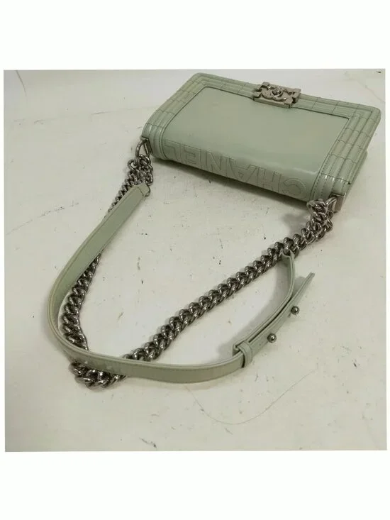 Authentic Chanel Boy Bag Mint Green Quilted Leather Flap Silver Chain CC Logo - Picture 6 of 16